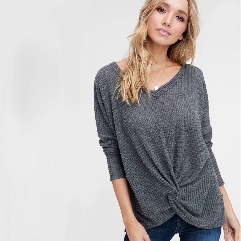 Charcoal Twist Tie Front Top Waffle Knit - Picture 3 of 9